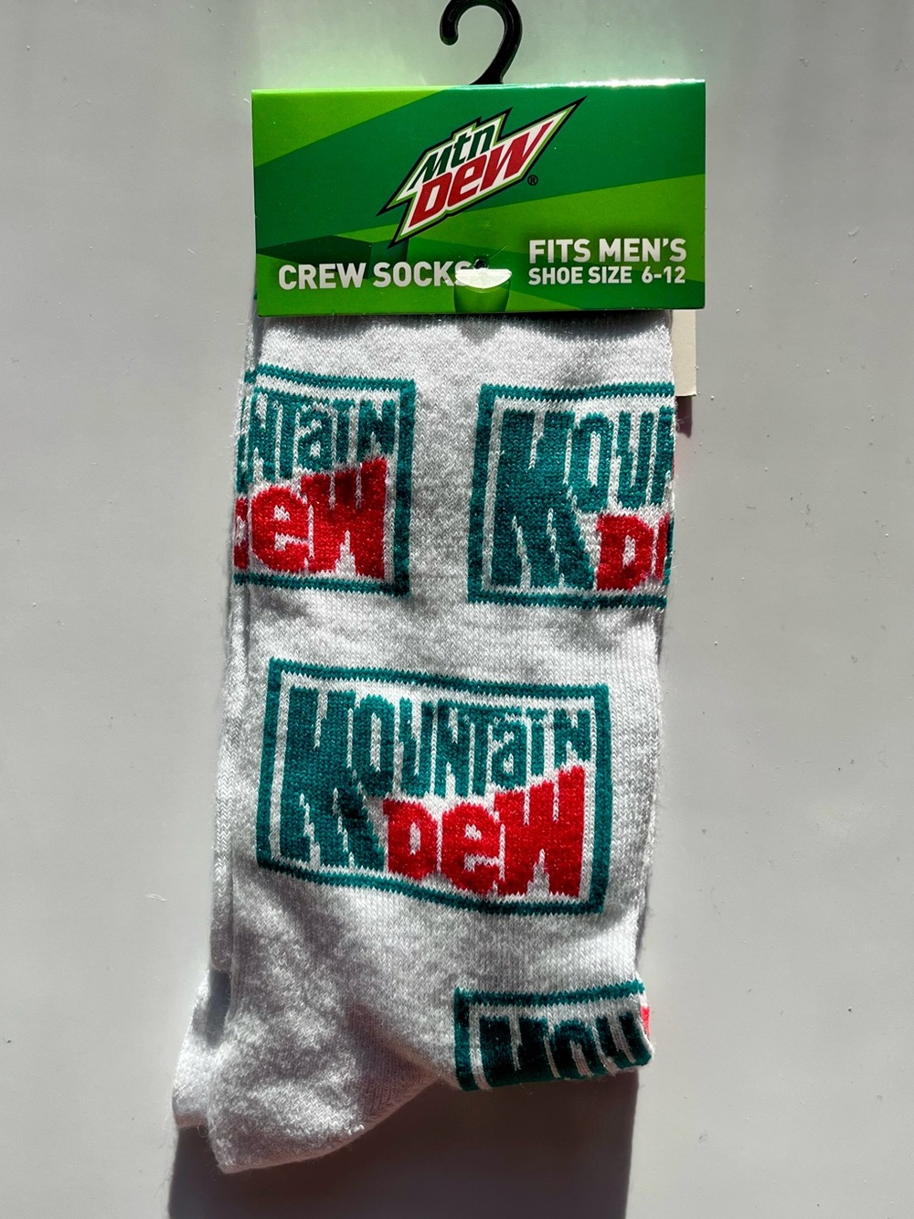 Mountain Dew White Crew Socks with Green and Red Logo